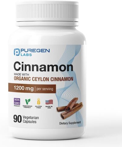 Puregen Labs Organic Cinnamon (Ceylon Cinnamon) 1,200mg Serving 90 Veggie Caps - No Harmful Additives | Non-GMO | Gluten-Free – Made in USA in Saudi Arabia