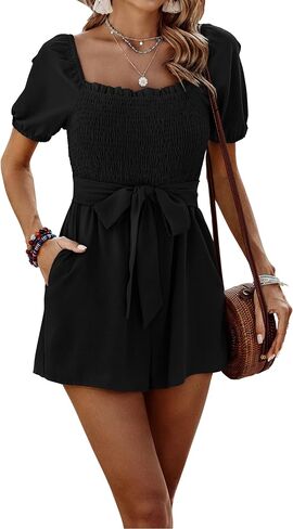CCTOO Womens Rompers Smocked High Waist Ruffle Sleeves Short Outfits Jumpsuits with Belt in Kuwait