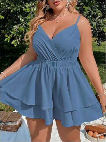 SOLY HUX Women's Plus Size V Neck Wrap Cami Romper Layered Ruffle Hem Short Jumpsuit Outfits in Saudi Arabia