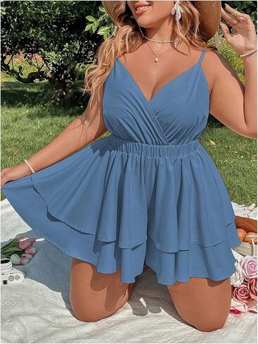 SOLY HUX Women's Plus Size V Neck Wrap Cami Romper Layered Ruffle Hem Short Jumpsuit Outfits in Saudi Arabia