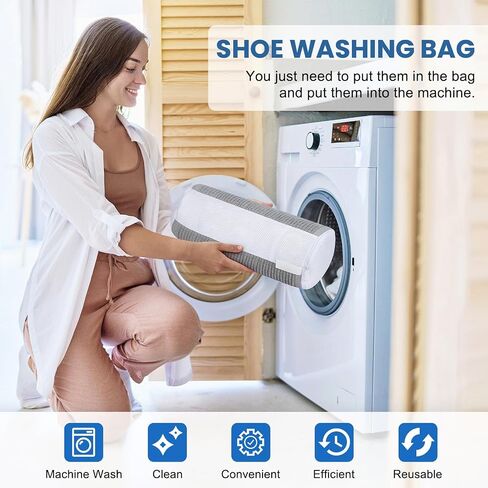 2 Pcs Shoe Washing Machine Bag, Laundry Shoe Bag for Washer and Dryer, Reusable Zipper Shoe Mesh Cleaning Bag Fluffy Fiber Inside, with Insole and Shoe Lace Pocket (Grey) in Saudi Arabia
