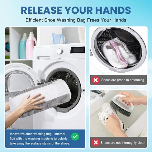 2 Pcs Shoe Washing Machine Bag, Laundry Shoe Bag for Washer and Dryer, Reusable Zipper Shoe Mesh Cleaning Bag Fluffy Fiber Inside, with Insole and Shoe Lace Pocket (Grey) in Saudi Arabia