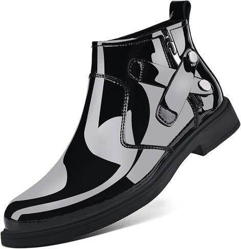 Men's Patent Leather Chunky Heel Chelsea Boots with Side Zipper Retro Round Head Square Texture Warm Plush Lining Business Formal Short Boots in Saudi Arabia