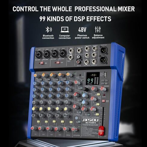 JXSOU Audio Mixer, 16-Channel DJ Mixer Bluetooth Studio Mixer with 99 DSP Effect USB Drive+48V Phantom Power, XLR Microphone Jack Professional Mixer For Karaoke Studio Streaming Recording in Kuwait