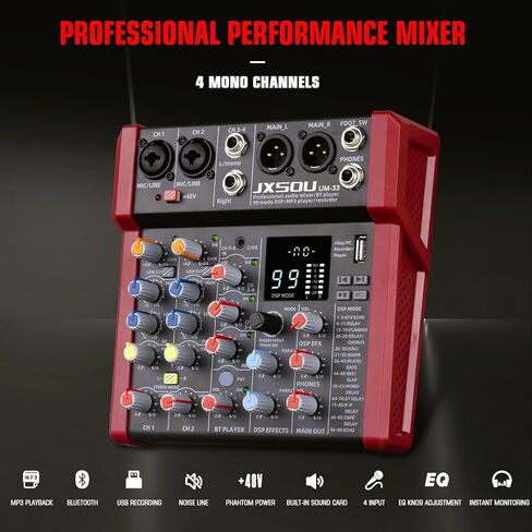 JXSOU Audio Mixer, 16-Channel DJ Mixer Bluetooth Studio Mixer with 99 DSP Effect USB Drive+48V Phantom Power, XLR Microphone Jack Professional Mixer For Karaoke Studio Streaming Recording in Saudi Arabia