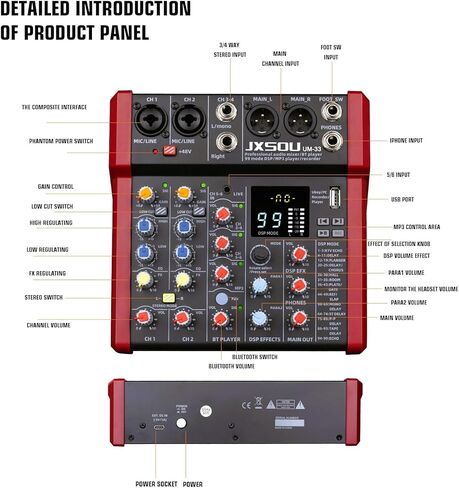 JXSOU Audio Mixer, 16-Channel DJ Mixer Bluetooth Studio Mixer with 99 DSP Effect USB Drive+48V Phantom Power, XLR Microphone Jack Professional Mixer For Karaoke Studio Streaming Recording in Saudi Arabia