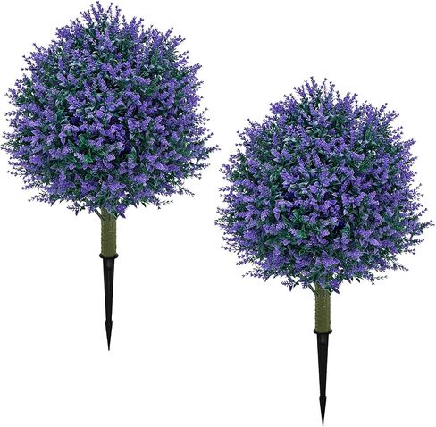 23.6'' Faux Lavender Topiaries Set of 2 with Ground Spikes for Spring Front Porch Decor, Fake Bushes UV Resistant,Artificial Shrubs Outdoor Plants for Easter Decorations for Home in Saudi Arabia