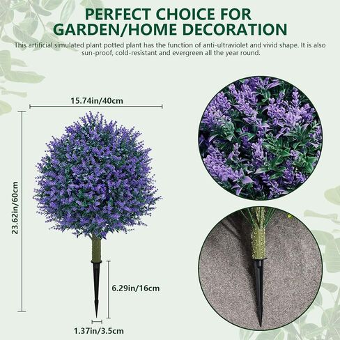 23.6'' Faux Lavender Topiaries Set of 2 with Ground Spikes for Spring Front Porch Decor, Fake Bushes UV Resistant,Artificial Shrubs Outdoor Plants for Easter Decorations for Home in Saudi Arabia