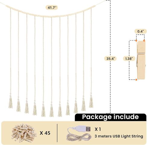 MACRAME معلق صورة عرض جدار بوهو مع الأضواء سلسلة الخرز خشبي جارلاند صورة الحامل الكولاج مع 30 مقاطع للغرفة ، غرفة نوم ، نوم ، عيد الميلاد في سن المراهقة هدايا فتاة في سن المراهقة (بيج ، متوسطة) in Kuwait
