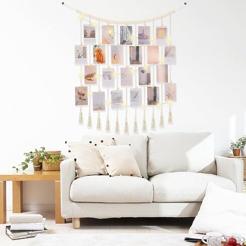 MACRAME معلق صورة عرض جدار بوهو مع الأضواء سلسلة الخرز خشبي جارلاند صورة الحامل الكولاج مع 30 مقاطع للغرفة ، غرفة نوم ، نوم ، عيد الميلاد في سن المراهقة هدايا فتاة في سن المراهقة (بيج ، متوسطة) in Kuwait