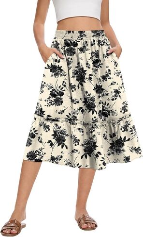 Women's High Waist Midi Skirts Summer Flowy Tiered Skirt with Pockets in Saudi Arabia
