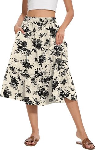 Women's High Waist Midi Skirts Summer Flowy Tiered Skirt with Pockets in Saudi Arabia
