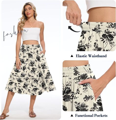 Women's High Waist Midi Skirts Summer Flowy Tiered Skirt with Pockets in Saudi Arabia