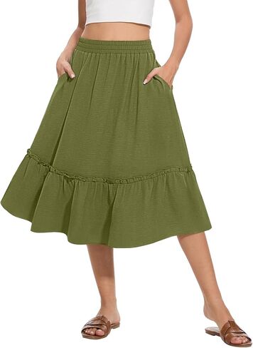 Women's High Waist Midi Skirts Summer Flowy Tiered Skirt with Pockets in Saudi Arabia