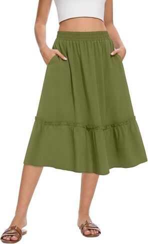Women's High Waist Midi Skirts Summer Flowy Tiered Skirt with Pockets in Saudi Arabia