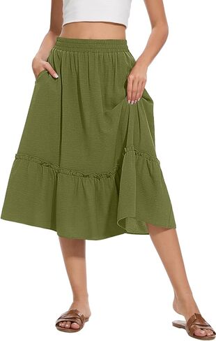 Women's High Waist Midi Skirts Summer Flowy Tiered Skirt with Pockets in Saudi Arabia