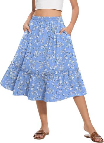 نساء عالي الخصر ميدي تنورات الصيف متدفق درج مع جيوب in Kuwait