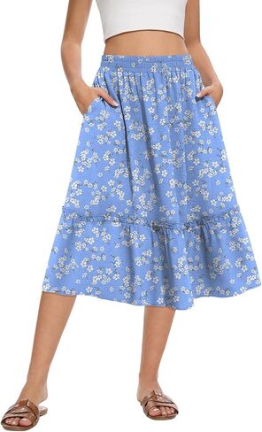 نساء عالي الخصر ميدي تنورات الصيف متدفق درج مع جيوب in Kuwait