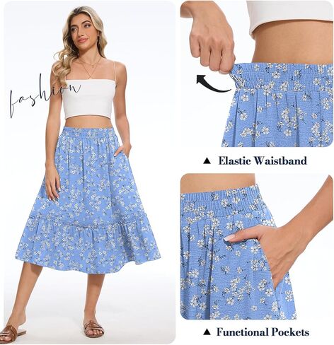 نساء عالي الخصر ميدي تنورات الصيف متدفق درج مع جيوب in Kuwait