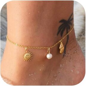 Ankle Bracelets for Women 14K Gold Silver Plated Anklets for Women Waterproof Boho Evil Eye Pearl Charm Pendant Beaded Foot Chain Adjustable Dainty Summer Beach Jewelry Set Gifts Non Tarnish