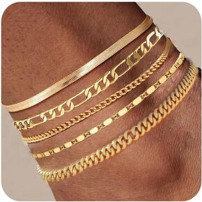Plus Size Gold Ankle Bracelets for Women Big Ankles, 10"+2" Adjustable Ankle 14K Real Gold Plated Cuban Link Chain Figaro Snake Herringbone Extra Large Anklet Bracelets,Summer Beach Foot Jewelry