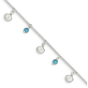 Solid 925 Sterling Silver Polished Shell And Turquoise 1In Ext. Anklet