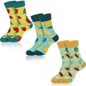 3 Pairs Colorful Fruit Socks, Novelty Funny Cotton Socks for Women Men, Cute Crew Sock with Strawberry Lemon Papaya Patterns for Boy Girl(Multicolor)