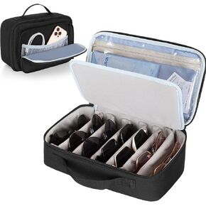 CURMIO Sunglasses Organizer, Protective Travel Case with Adjustable Slots for 7 Pairs of Eyeglasses and Other Decorations, Black