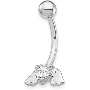 Solid 10K White Gold Cubic Zirconia CZ Heart Angel Wings Belly Dangle