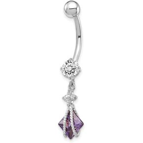 Solid 10K White Gold Square Amethyst Cubic Zirconia CZ Belly Dangle