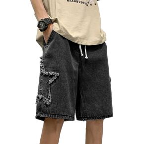 Jorts for Teen Boys Y2K Embroidered Star Jeans Shorts Drawstring Pull On Denim Shorts Elastic Waist Baggy Jorts