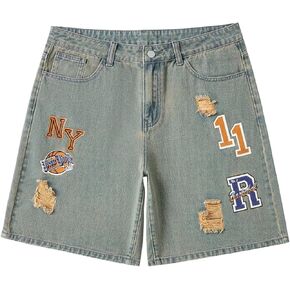 Men's Vintage Graphic Jean Shorts Ripped Baggy Denim Shorts Jorts with Pockets