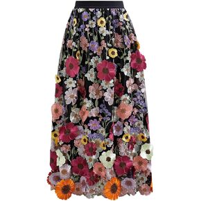 Chicwish Women 3D Floral Heryique Maxi Skirt مرنة عالية الخصر A-Line Garden Party Mesh Tulle Skirt