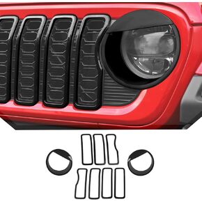 JeCar 9pcs Black Angry Bird Style Headlight Covers & Grill Inserts Trim Kit for 2024 2025+ Jeep Wrangler JL JLU Gladiator JT
