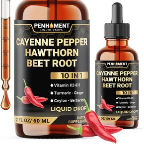 10in1 Cayenne Pepper Liquid Drops + Hawthorn Berry, Vitamin D3 K2, Beet Root, Turmeric, Ginger and More - Digestion Support - 2 Fl Oz - 2 Months Supply