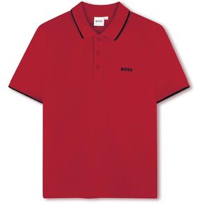 BOSS Boys Short Sleeve Knit Polo Shirt, Soft and Breathable, School Uniform with Striped Collar, Red, 4 Years