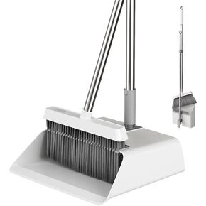JOYMOOP Broom and Dustpan Set, Upright Standing Brooms for Sweeping Indoor, Light Weight Stainless Steel can be Hung on The Wall, Suitable for Pet Hair, Carpet, Floor