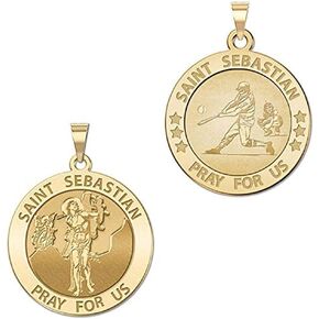 Picturesongold.com البيسبول - سانت سيباستيان مضاعفة ميدالية دينية 3/4 بوصة الصلبة الذهب الأصفر 14K