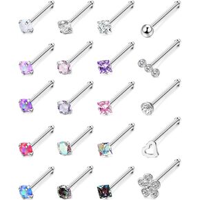 Besteel 20 Pcs Hypoallergenic 20G Nose Rings for Women Men Cubic Zirconia Stainless Steel Nose Studs Set Labret Lip Nostril Piercing Jewelry Multicolor 2mm L Shaped Straight Screw