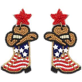 Beaded USA Cowboy Post Earrings Handmade Western Hat&Boots Earrings