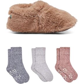 Ten Little Kids Cozy Slippers for Toddler Boys & Girls, Faux-Fur with Warm Fleece Lining - Size 12/13 & Organic Cotton Cozy Socks, Warm Thermal Cushioning Socks