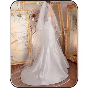 Unsutuo 2 Tiers Bride Wedding Veil Ribbon Cathedral Veil Bridal Veils with Comb for Women