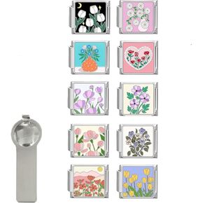 papasgix Italian Charm Bracelet Charms Pack Links Bulk with Opening Tool 9mm Italian Charms 10 Flowers Italian Modular Bracelet Links Handmade DIY Jewelry