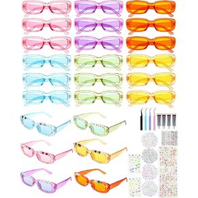 24 pairs DIY Square Sunglasses Kit Popular Singer Party Favors Friendship Glasses Craft Bulk with Letter Beads Glue Tweezers Acrylic Diamond and Pearl Stickers for Women