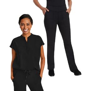 شفاء الأيدي الفرك للنساء مجموعة الرحلة مع إغلاق المفاجئة في Neckline 2152 Tori Pant مع نسيج تمتد ثنائي الاتجاه - 9133 ، أسود - XL TOP/XL طويل القامة