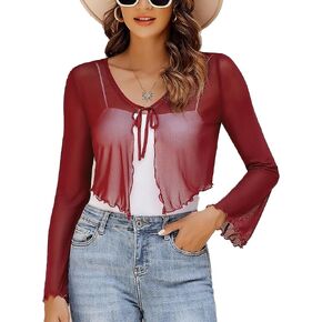 Avidlove Womens Sheer Shrug Tie Front Long Bell Sleeve Mesh Bolero Lightweight Summer Casual Short Shawl Top