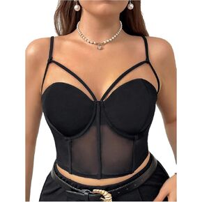 OYOANGLE Women's Plus Size Cut Out Mesh Sheer Corset Bustier Spaghetti Strap Party Club Cami Crop Top