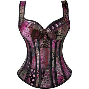 Women's Lace up Gothic Jacquard Shoulder Straps Tank Overbust Shaper Corset Bustiers Top