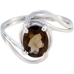 Genuine Gems Oval Shape One Stone Faceted Smoky Quartz rings-Solid Silver Brown Smoky Quartz Ring-January Birth Capricorn Astrology Genuine Gems Ring SRSQUFC-3171-4 us