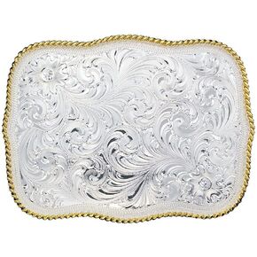 Montana Silversmiths Large Scalloped Silver Engraved Bright Cut Filigree Rope Trim Western Belt Buckle